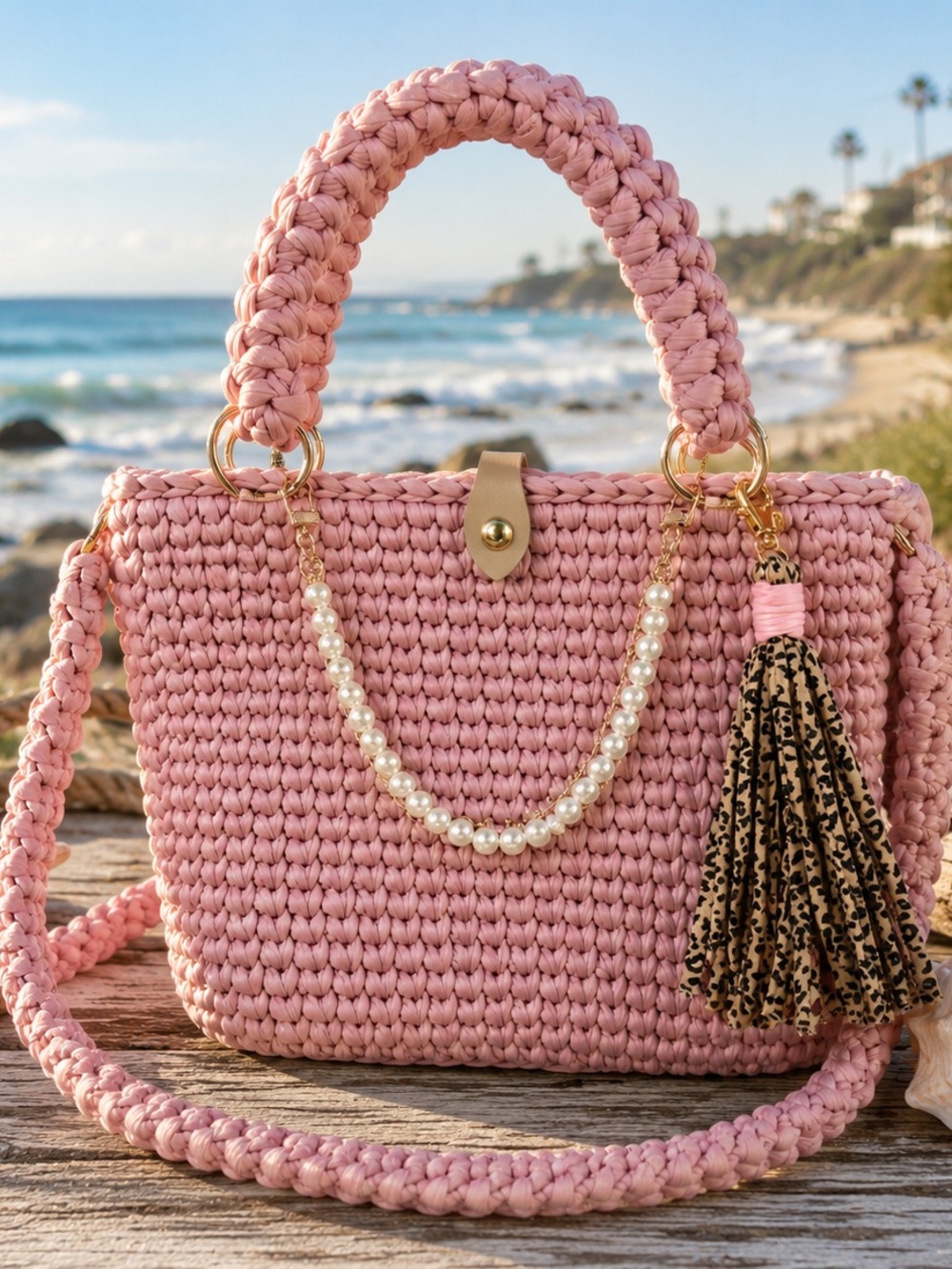 Pink Woven Tote Bag with Pearl Chain